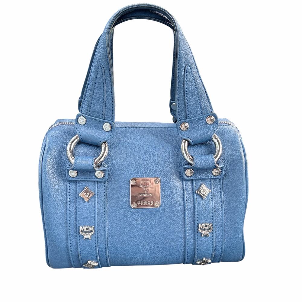 MCM München Authentic Blue Pebbled Leather Studded Boston Satchel Bag